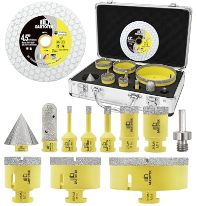 DARTOTEK Punte Diamantate Gres Porcellanato 12 Pezzi - 6/8/10/25/35/50/68/110mm x M14 Punte Trapano, 20mm Fresa, 50mm Punte Smusso, Adattatore, Disco Diamantato 115mm per Piastrelle Ceramica Marmo