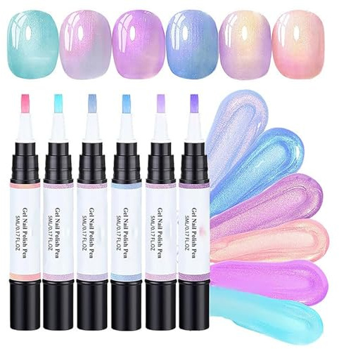 Gel Nail Polish Pens Set, 6 Colours, 3-in-1 One-Step Nail Polish Pen Set with Polarised Effect for Travel, 5ml Each 6 Pack No Need Base Coat Nails Art Pens for DIY Salon UV Lamp Required (6pcs)