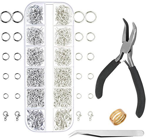 Anezus Binderinge für Schmuckherstellung, mit Ringzange (1200 Stück, mattes Silber und helles Silber)