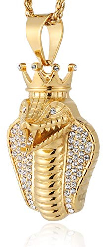 HZMAN 18k Gold Plated Cz Inlay Egypt Cobra King Stainless Steel Pendant Necklace Hip Hop Chain