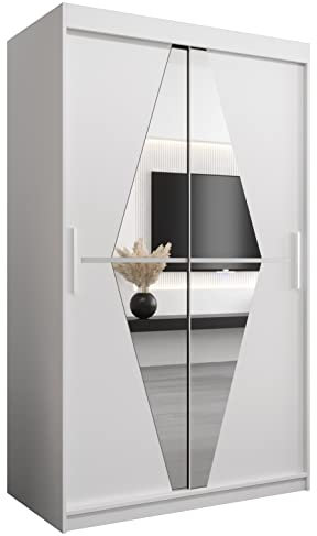 Kryspol Schwebetürenschrank Boliwia 120 cm mit Spiegel Kleiderschrank mit Kleiderstange und Einlegeboden Schlafzimmer- Wohnzimmerschrank Schiebetüren Modern Design (Weiß)