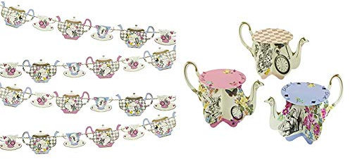 Talking Tables Truly Alice Decorative Teapot Party Bunting – 4 metre, Fabric Multicolour, 22x23.5x1 cm & Tables Truly Alice Teapot Cupcake Stands Pack of 6, Paper Multicolor, Set of 6