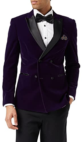 Men’s Velvet Double Breasted Tuxedo Suit Jacket Smoking Dinner Blazer Retro Classic Tailored Fit (36, Purple)