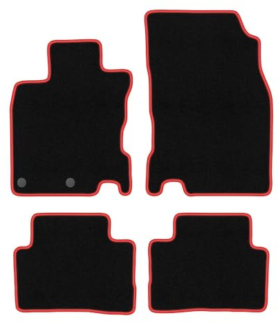 Velours-Fußmatten passend für Nissan Qashqai II J11 2013-, Schwarz-Rot | passend für Crossover; Velours-Teppich (Polypropylen), ca. 6,5 mm; rutschfest, runde Befestigungen (Typ RN)