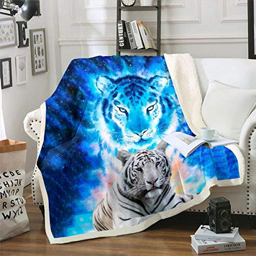 Loussiesd Tiger Drucken Kuscheldecke 150x200cm Wildtier Thema Wohndecke Blue Galaxy Flanell Fleecedecke Für Kinder Erwachsene Wildlife Safari Katzendruck Ultra weich Raumdekoration Decke Blau