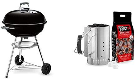 Weber 1321004 - Barbacoa Compact Kettle 57 Cm Negro + 17631 - Set Chimenea Con Briquetas Encendido Blancas, Inox, 2 Kg / 6 Pastillas