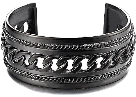 Männlich Breiten Herren Damen Schwarz Armband Armreif aus Edelstahl Farbe Silber mit Panzerkette Ornament