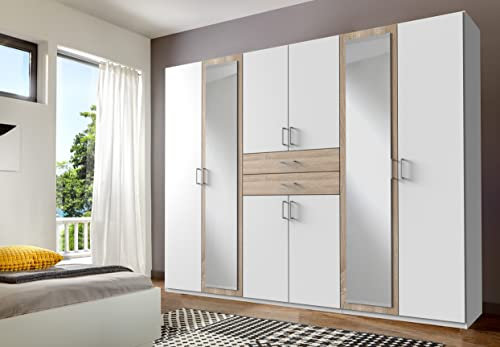 möbelando Kleiderschrank Drehtürenschrank Schlafzimmerschrank Schrank Schlafen Drugi II Weiß/Eiche sägerau