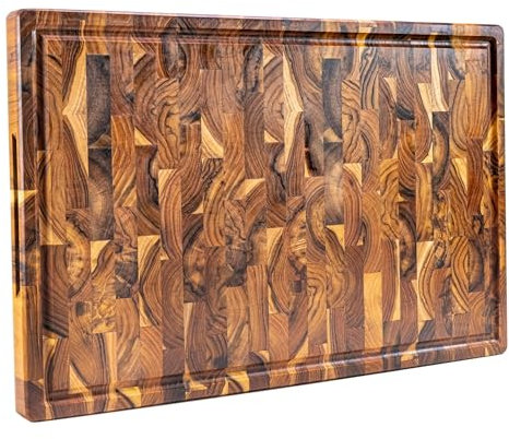 Erreke Schneidebrett Holz Gross mit Auffangschale, Holzbrett Küche, End Grain Teakholz 58cm Lang, Dicke 3.2 cm, Anti-Rutsch-Füße, Servieren Käse Brot Hackbretter 58x38cm (Saftrille)