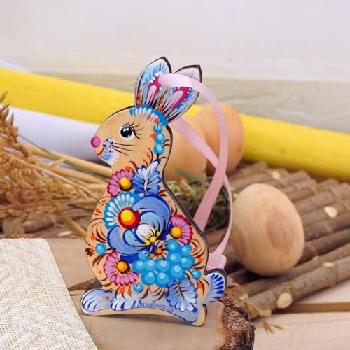 Schöner Osterhase Anhänger aus Holz mit traditionellem Ukrainischem Blumenmuster Beidseitig Handbemalt Hase Deko Osterschmuck zum Aufhängen