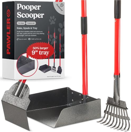 Pawler Pooper Scooper for Large Dogs, Small Dogs and Horses, Metal Poop Scooper Set with Long Handle Rake, Spade and Tray for Yard, Grass, Dirt or Gravel, Heavy Duty Aluminum Poop Picker Upper