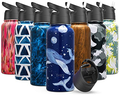 Vakuum-isolierte Sport-Wasserflasche - THILY 945 ml Edelstahl-Weithals-Wasserflasche mit Flip-Deckel und Strohhalm-Deckel, wiederverwendbar, BPA-frei, hält 12 Stunden heiß 36 Stunden kalt, Fantasiewal