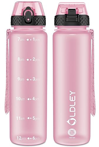 OLDLEY 1L/32oz Sports Water Bottle with Straw, 1000ml Motivational Drinks Bottle with Time Markings Leak Proof Drink & Lock Cover, BPA Free for Gym School Cycling Running Hiking