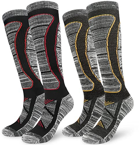 KOOOGEAR 2 Pairs Womens Merino Wool Ski Socks,Knee High Thermal Socks Women UK 4-7,Winter Thick Warm Sports Wool Socks for Snowboarding Skiing Cycling Hiking