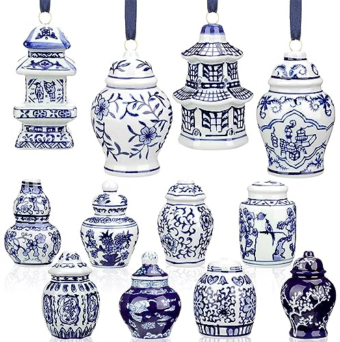 12 Chinoiserie Porcelain Blue and White Ornaments - Mini Ginger Jar Christmas Chinoiserie Ornaments for Xmas Tree Decoration (Vintage)