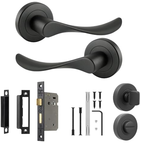 Decoranddecor Matt Black Door Handles Internal Bathroom Lock Set | CE marked, thumb turn, no keys, solid aluminium, Bathroom Door Handles with Lock, fits 35-42 mm doors, Nimbus Range