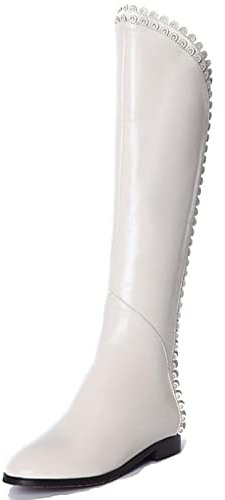 MJIASIAWA Donna Comfy Knee Flats Inverno Warm Stivali Equitazione Zip Punta Rotonda Moda Serata Stivali Equitazione Beige Numero 44 EU/46 Asiatico