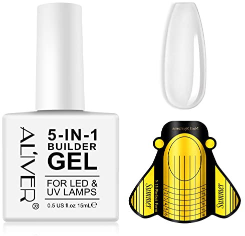 Builder Gel, 5 In 1 Builder Gel + 20Pcs Nail Forms, Clear Base Coat Strengthener Gel UV/LED Gel Polish For Hard Strong Nails Extensions & Tips, Repair Broken Nails, Nail Decoration Adhesive(Clear)