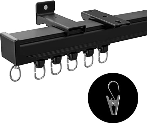 MaKefeile Rail de rideau de plafond et mural très résistant pour rideaux de douche, rails de rideaux coulissants avec clips, noir, 2,7 m