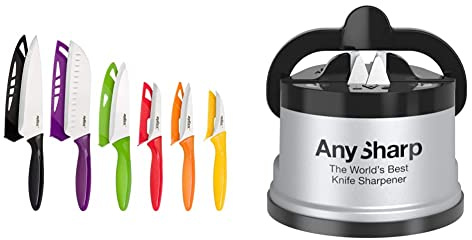 Zyliss E920144 6 Piece Knife Set | Multiple Sizes | Stainless Steel | Multicolour | 6 x Kitchen Knives with Protection Covers & AnySharp Knife Sharpener with PowerGrip, Silver, One Size