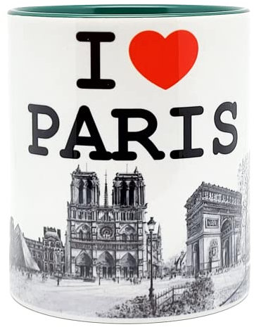 DESSAPT Arts - I LOVE PARIS et Ses Monuments - Mug Céramique 325 ml - Tasse-Cadeau Unique avec les Magnifiques Paysages Parisiens - Imprimé en France - Blanc et Vert Foncé