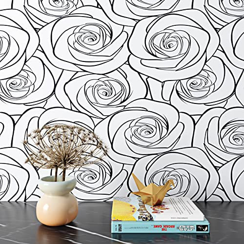 ReWallpaper Black and White Rose Wallpaper Peel and Stick Mural Floral Wallpaper for Walls Laundry Room 44.5cm x 7m Self Adhesive Removable Flower