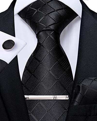 DiBanGu Formelle Herren schwarze Krawatte Seide Quadrat Krawatte und Einstecktuch Manschettenknöpfe Krawattenklammer Geschenkbox-Set für Smoking Hochzeit Party
