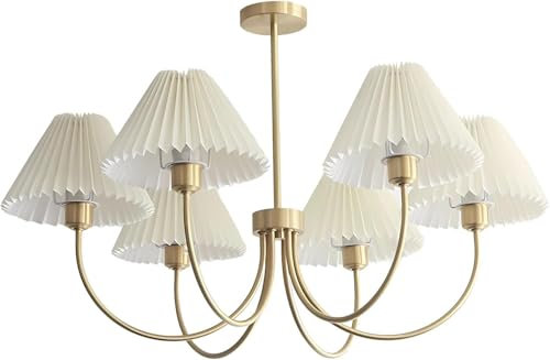 KCO Lighting Vintage-Kronleuchter mit Faltenmuster, weiße Pendelleuchte aus plissiertem Stoff, moderner goldener Sputnik-Kronleuchter, 6-flammige, klassische Kronleuchter für das Wohnzimmer