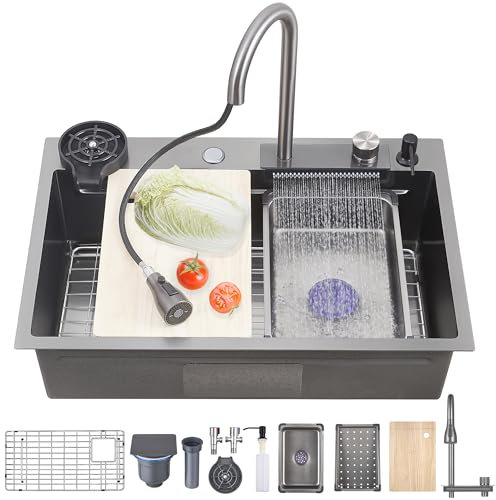 Ribanedy 66 cm Fregadero de cocina en cascada gris oscuro, fregadero moderno multifuncional de acero inoxidable de una cubeta con grifo rociador abatible y accesorios