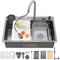 Ribanedy 66 cm Fregadero de cocina en cascada gris oscuro, fregadero moderno multifuncional de acero inoxidable de una cubeta con grifo rociador abatible y accesorios