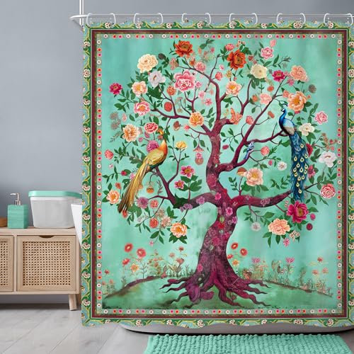 Newsely Duschvorhang mit Baum des Lebens, 152,4 x 183,9 cm (B x H), Frühlings-Blaugrün, Boho, Pfau, Retro, Blume, Blüten, Vögel, Duschvorhang, Badezimmer-Set, grüne Pflanze, wasserdicht,