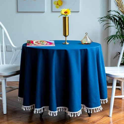 ANAZOZ Tischdecke Rund 160cm, Tischdecke Baumwolle Leinen Tischdecke Hochzeit Deko Einfarbig Dunkelblau mit Fransen