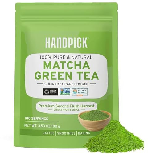 HANDPICK, Japanese Matcha Green Tea Powder (100g, 100 Servings) | Culinary Grade Powder | Authentic Premium Second Flush Harvest | Resealable Ziplock Pouch