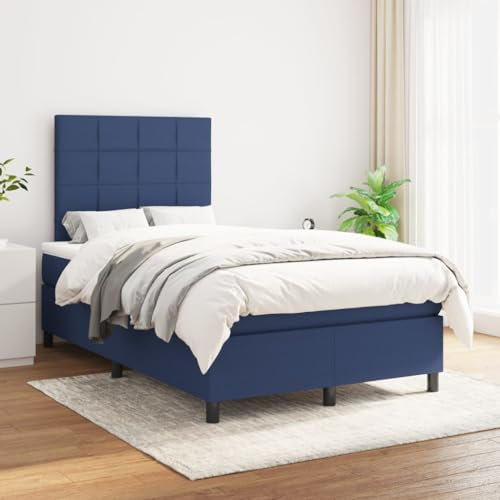 Willood Boxspringbett mit Matratze Blau 120x200 cm Stoff Block mit Quadraten Hohes Kopfteil