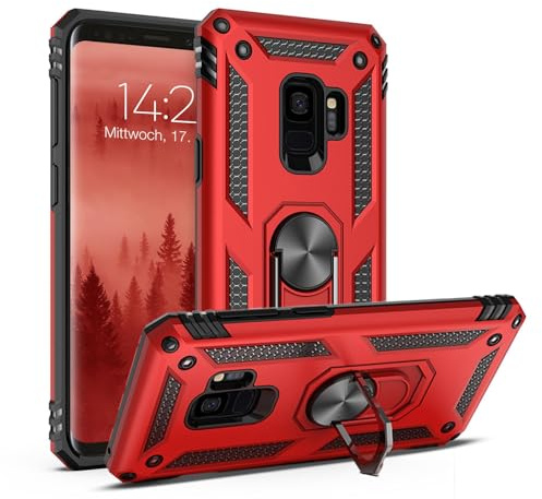LBH Outdoor Hülle für Samsung Galaxy S9 Armor Militär Stoßfest Handyhülle 360 Grad Metal Ring Halter Ständer Schutzhülle für Handyhalterung Auto Magnet Rot