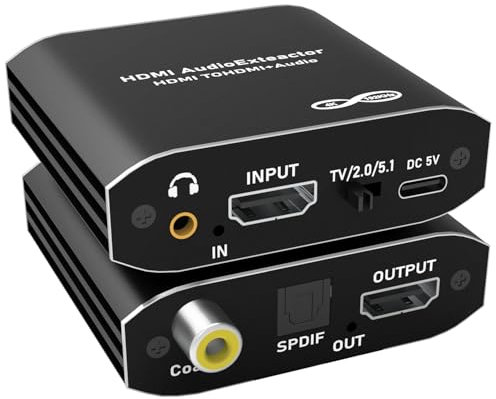 Tendak HDMI Audio Extractor, 4K HDMI Audio Splitter Konverter zu Optical Spdif Toslink Coaxial 3,5mm Stereo Aux Adapter für HDTV PS4 PS5 Blu-ray DVD