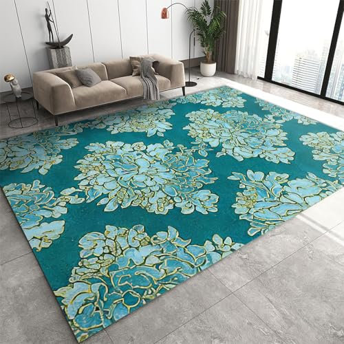 SANSJI Petrol Boho Blumen Teppiche Gegend, Traditionelle Vintage-Textur Waschmaschinenfest Wohnzimmerteppich - für Terrasse Garten, Küche, Bad oder 160 x 230 cm