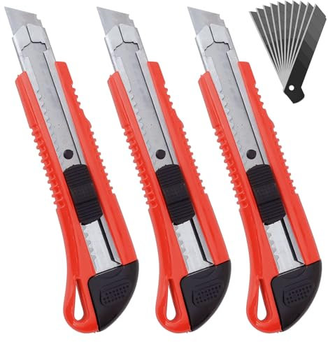 MagiSel Cutter professionnel rétractable métal 18mm, 10 lames avec Poignée en Caoutchouc Antidérapant, Rétractable en Acier Inoxydable, Couteau utilitaire pour Bureau, Maison, École