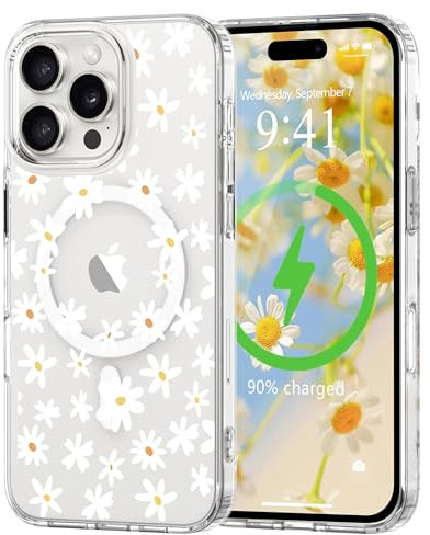L-FADNUT Magnetic for iPhone 16 Pro Max Case, Compatible with Magsafe Floral Pattern Design, Clear Girly Flower Cover Slim Bumper Shockproof Protective Phone Case for iPhone 16 Pro Max White