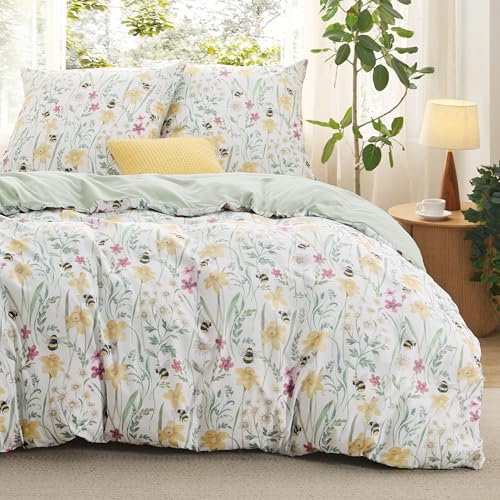 BEDSURE Bettwäsche 200x200 3teilig Bettbezug - Bettwäsche-Sets 200 x 200 cm mit 2 Kissenbezüge 80x80 cm, ÖKO-TEX Wendebettwäsche Bedding Grün Blumen Pflanze Muster für Doppelbett mit Reißverschluss