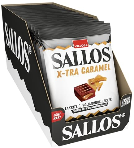 SALLOS X-TRA Caramel Vorrats-Pack – Lakritz-bonbons mit süßer Karamellfüllung, aus natürlichem Süßholzsaft, vegan, im Vorrats-Pack, 15 x 135 g