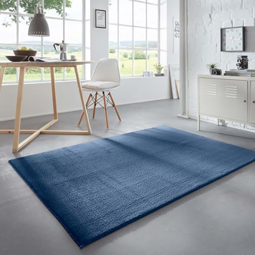 Taracarpet Waschbarer Flauschiger Uni Kurzflor Teppich, Anti-Rutsch, Felloptik, Super Soft dunkel blau 120x170 cm