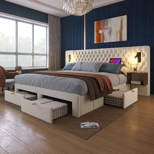 FEZTOY Doppelbett Bettanlage 160 x 200 cm mit 2X Nachtkommoden & 4 Schubladen, Kopfteil mit LED & USB Ladefunktion - Schlafzimmer Komplett-Set, Samt, Ohne Matratze