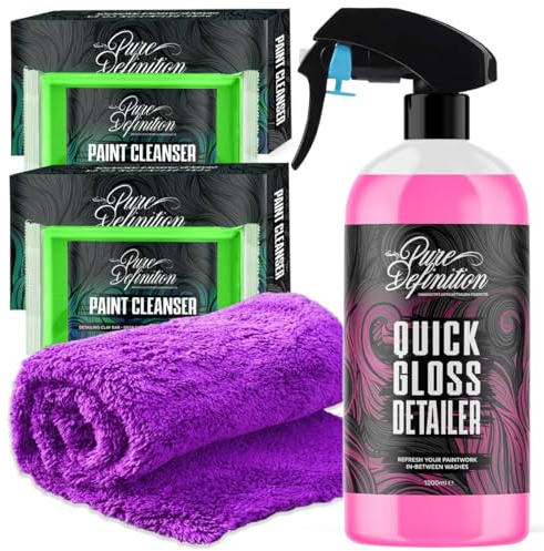 Pure Definition Car Clay Bar Kit, Fine Grade Claybar Block & Detail Lube Spray, Auto Detailing (1000ml + 2 x 100g Clay + Towel)