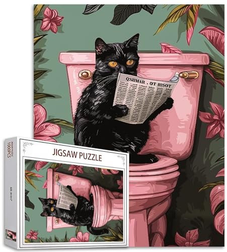 Tucocoo Black Cat On Toilet Jigsaw Puzzle 1000 Pieces Puzzles for Adults, Cute Kitten Pink Funny Bathroom Puzzle for Challenging Family Activity Games Colorful DIY Crafts Puzzle for Home Decor Gifts
