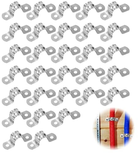 Lot de 30 colliers de serrage en acier inoxydable de 18 mm - En forme de U - Deux trous - Colliers de fixation en métal en forme de U - Pour tuyau d'eau et conduite de gaz