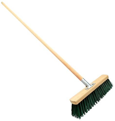 Heavy Duty Garden Broom with Handle, Outdoor 32″ Synthetic Hard Bristle Sweeping Brush with Metal Bracket for Cleaning Gardens, Yards, Patios, Deckings, Driveways (Green)