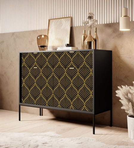 FENTIS Black Self Adhesive Wallpaper Gold Striped Peel and Stick Contact Paper Sticky Back Plastic Vinyl Wrap Minimalist Style Removable Waterproof Wall Sticker Roll for Kitchen Worktop 44.5x500cm