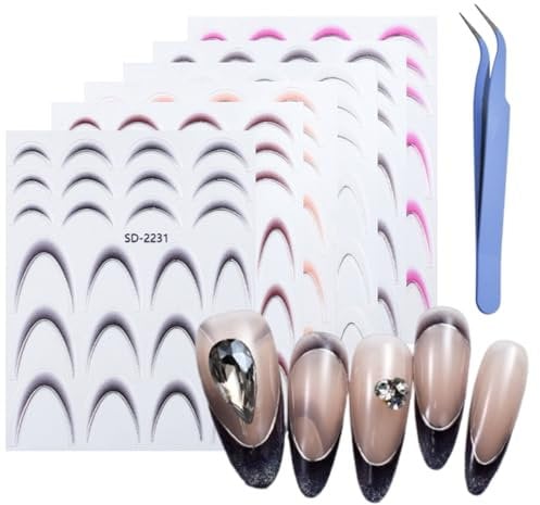 6 Sheets French Nail Art Stickers Decals Self Adhesive Silver French Line Nail Art Stickers with Tweezer Nail Art Decal Nail Supplies Decoration Accessories (6 Sheets French Line)