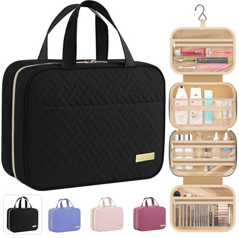HOTOR Kulturtasche Damen wasserdichte Kosmetiktasche mit Haken – Geräumige Kulturbeutel Damen für Reisen – Groß Kulturbeutel Zum Aufhängen für Weekender Damen, 29.0 x 23.0 x 8.5cm, Schwarz